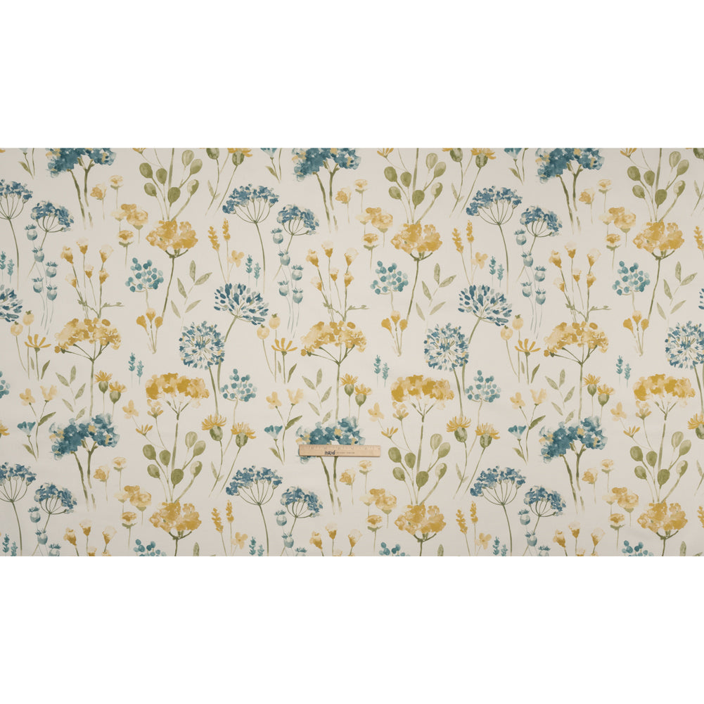 Printed Cotton Canvas - Azure Watercolor Floral Stems - British Imported - Full Printed Cotton Canvas - Azure Watercolor Floral Stems - British Imported - Full