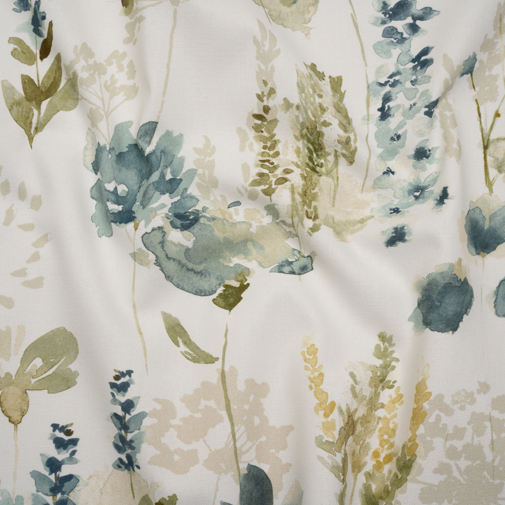 Printed Cotton Canvas - Azure Watercolor Blooms - British Imported Printed Cotton Canvas - Azure Watercolor Blooms - British Imported
