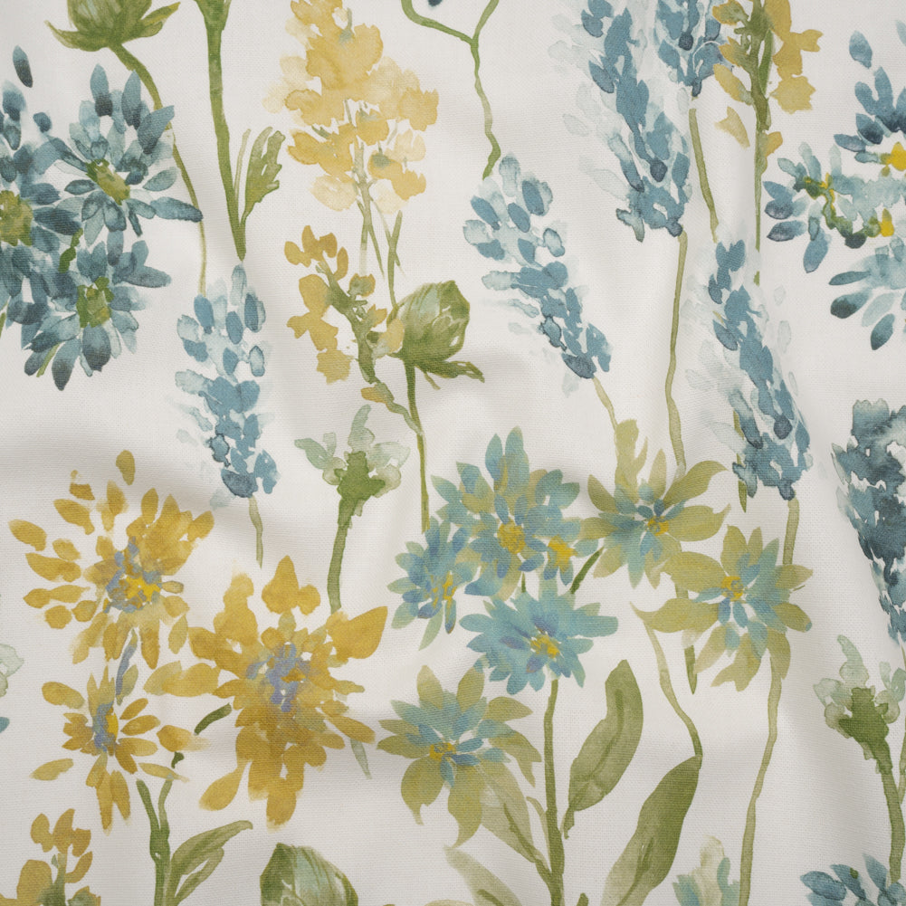 Printed Cotton Canvas - Azure Blooming Watercolor Garden - British Imported Printed Cotton Canvas - Azure Blooming Watercolor Garden - British Imported