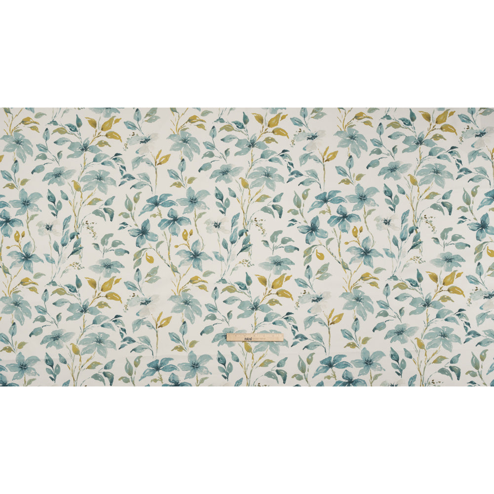 Printed Cotton Canvas - Azure Watercolor Floral Stems - British Imported Printed Cotton Canvas - Azure Watercolor Floral Stems - British Imported