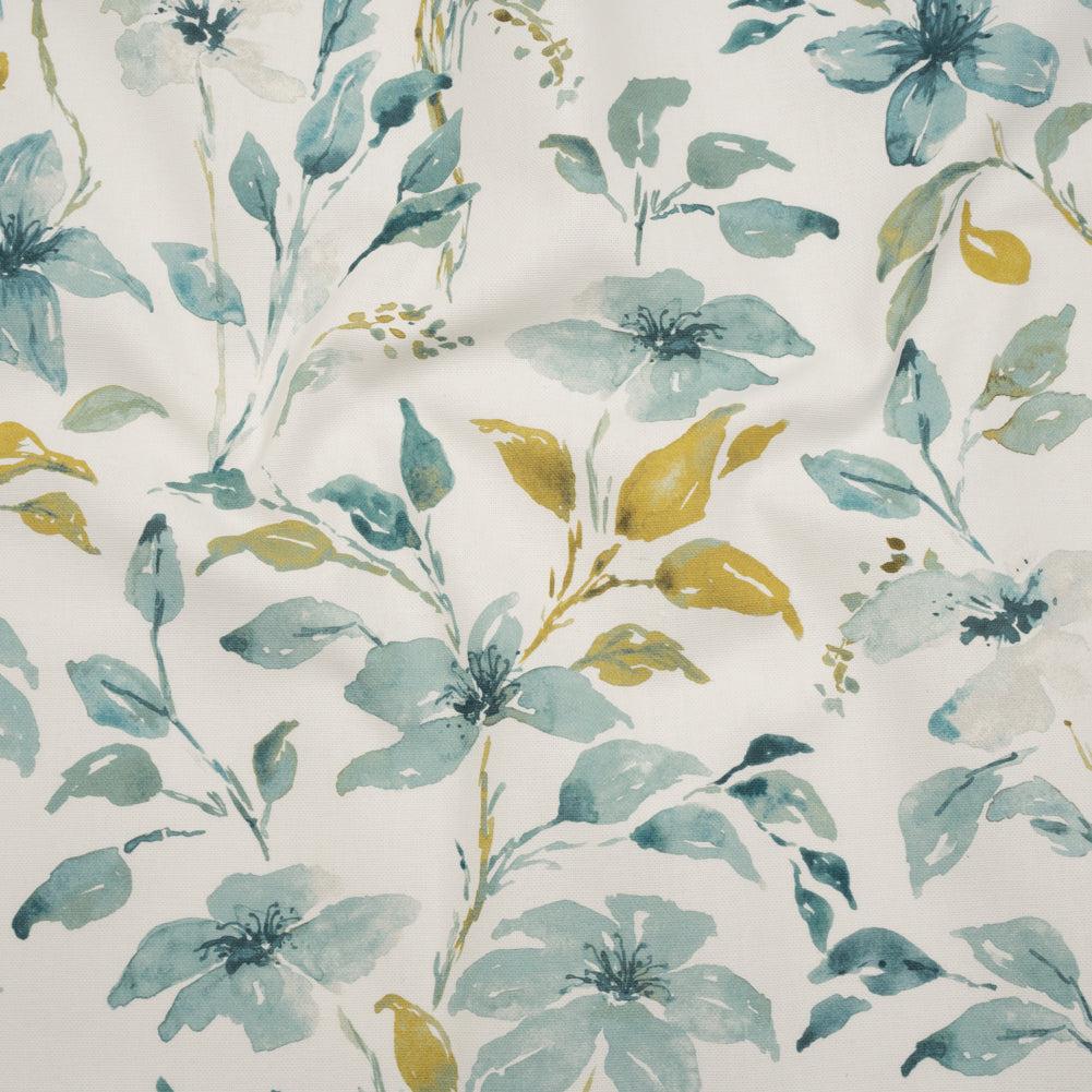 Printed Cotton Canvas - Azure Watercolor Floral Stems - British Imported Printed Cotton Canvas - Azure Watercolor Floral Stems - British Imported
