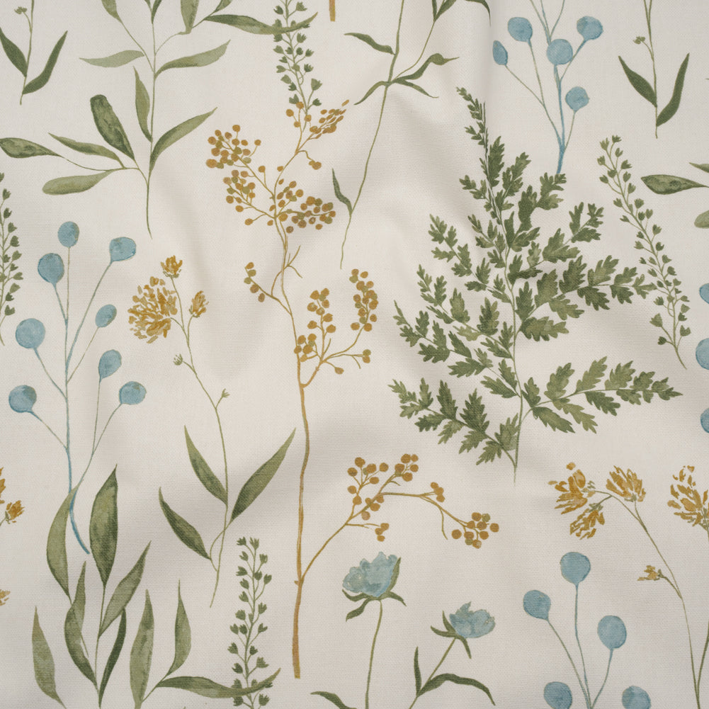 Printed Cotton Canvas - Duckegg Painted Wildflowers and Leaves - British Imported Printed Cotton Canvas - Duckegg Painted Wildflowers and Leaves - British Imported