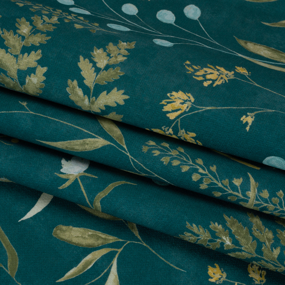 Printed Cotton Canvas - Kingfisher Painted Wildflowers and Leaves - British Imported Printed Cotton Canvas - Kingfisher Painted Wildflowers and Leaves - British Imported