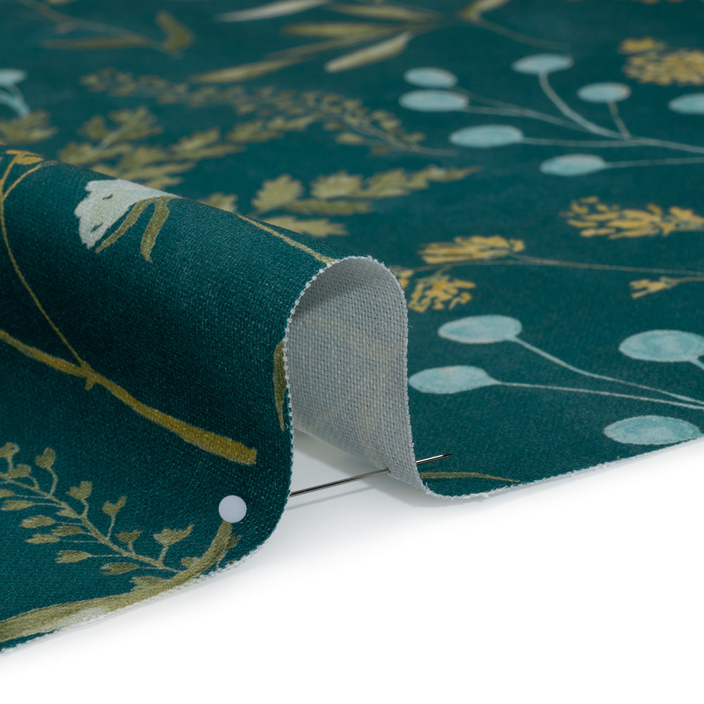 Printed Cotton Canvas - Kingfisher Painted Wildflowers and Leaves - British Imported Printed Cotton Canvas - Kingfisher Painted Wildflowers and Leaves - British Imported