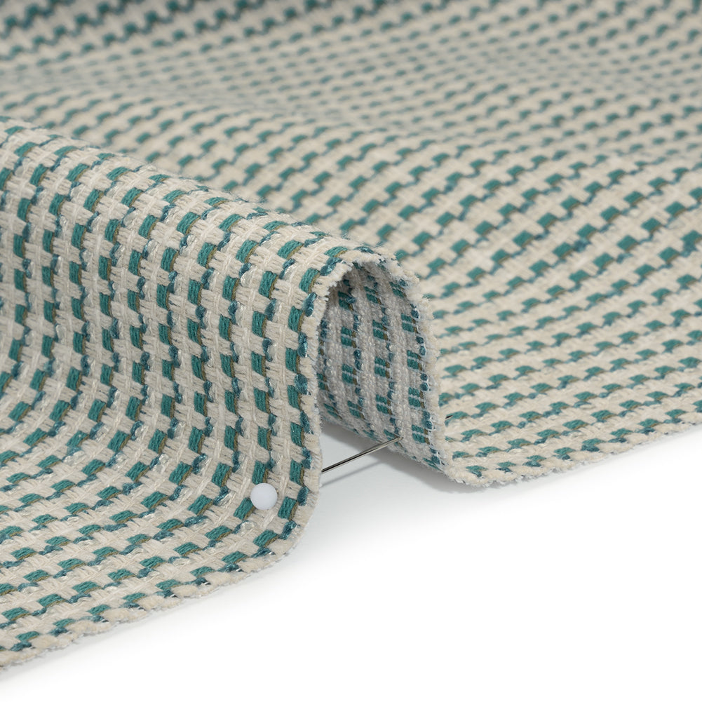 Recycled Polyester and Cotton Jacquard - Kingfisher Little Checked Stripes - British Imported Recycled Polyester and Cotton Jacquard - Kingfisher Little Checked Stripes - British Imported