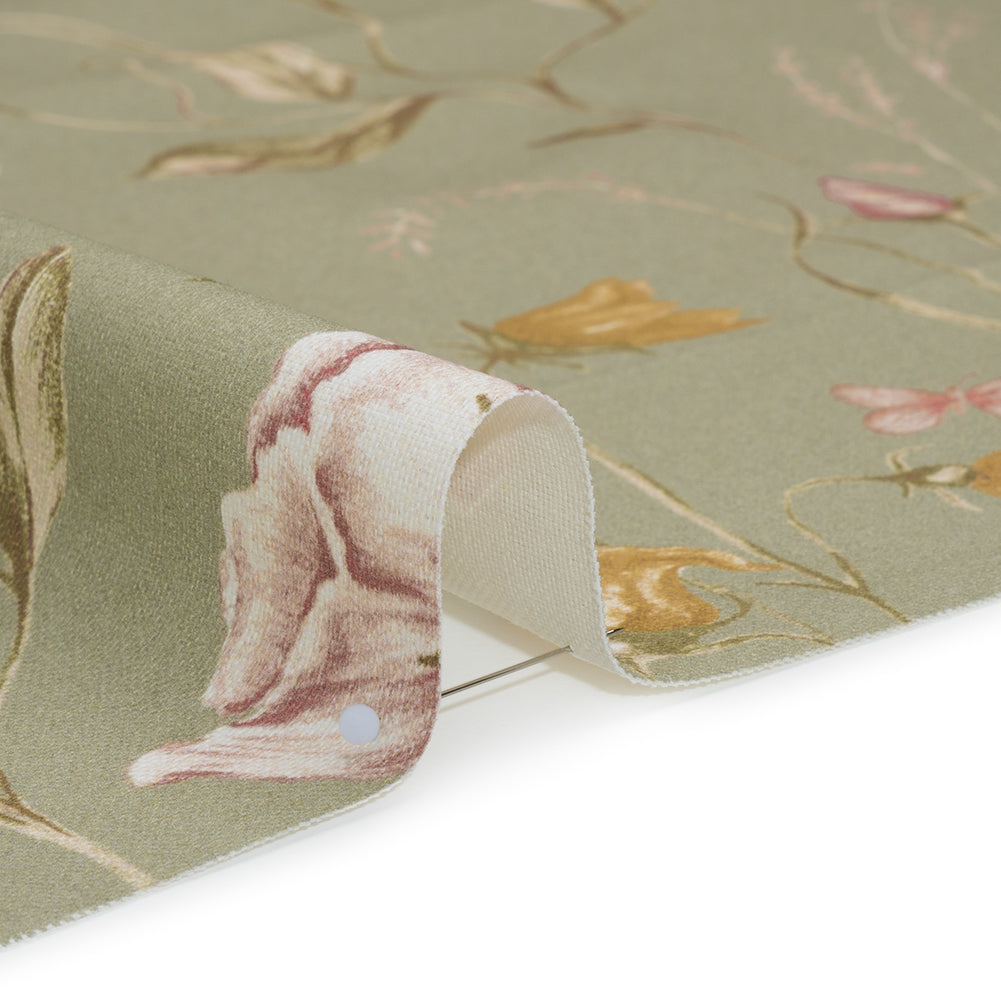 Printed Cotton Canvas - Sage Flowering Stems and Butterflies - British Imported Printed Cotton Canvas - Sage Flowering Stems and Butterflies - British Imported