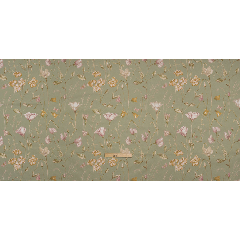 Printed Cotton Canvas - Sage Flowering Stems and Butterflies - British Imported Printed Cotton Canvas - Sage Flowering Stems and Butterflies - British Imported