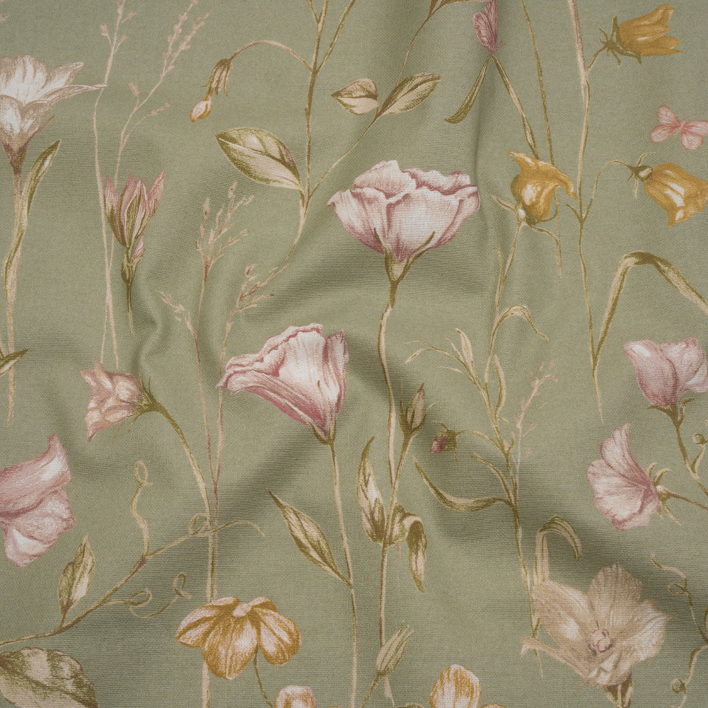 Printed Cotton Canvas - Sage Flowering Stems and Butterflies - British Imported Printed Cotton Canvas - Sage Flowering Stems and Butterflies - British Imported