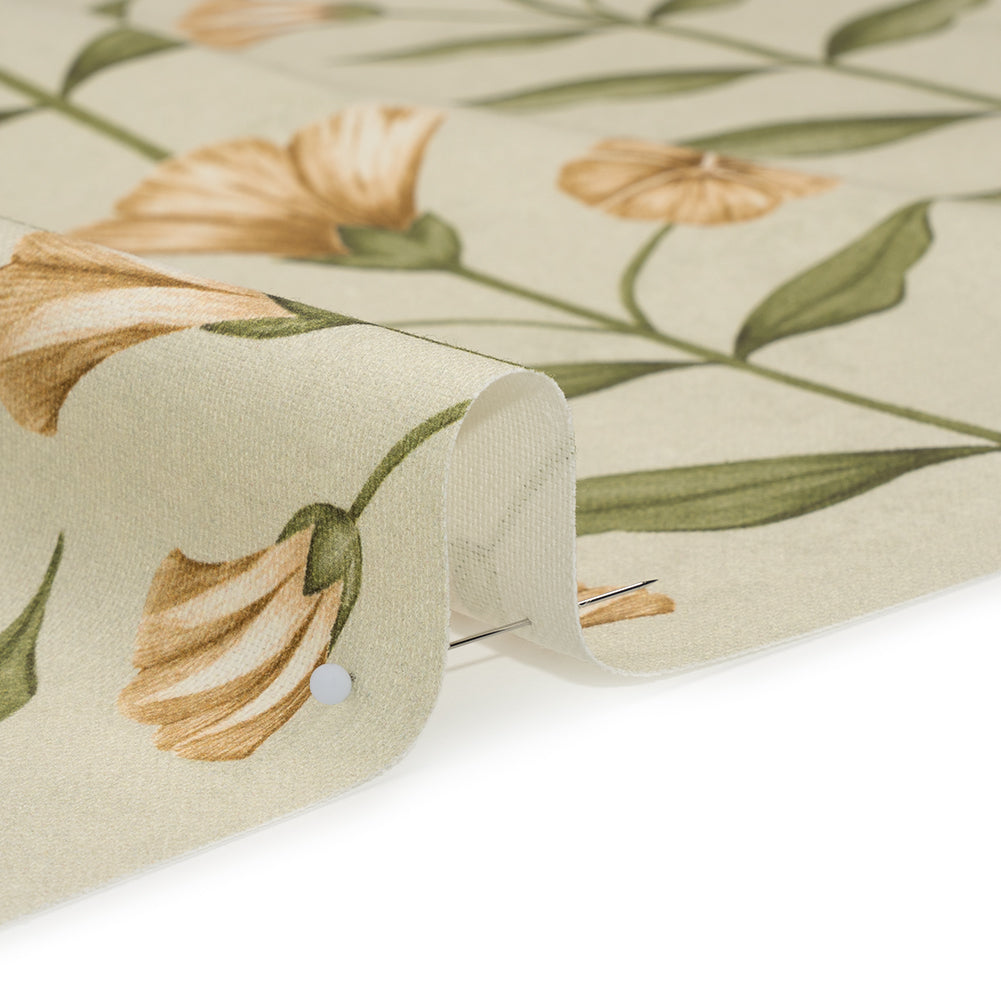 Printed Cotton Canvas - Ochre Balanced Flower Stems - British Imported - Detail Printed Cotton Canvas - Ochre Balanced Flower Stems - British Imported - Detail