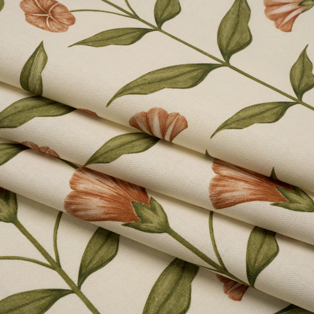Printed Cotton Canvas - Terracotta Balanced Flower Stems - British Imported - Folded Printed Cotton Canvas - Terracotta Balanced Flower Stems - British Imported - Folded