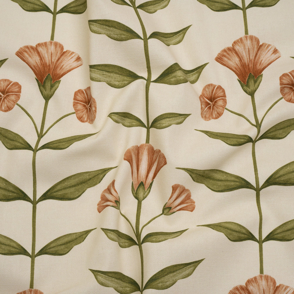 Printed Cotton Canvas - Terracotta Balanced Flower Stems - British Imported Printed Cotton Canvas - Terracotta Balanced Flower Stems - British Imported