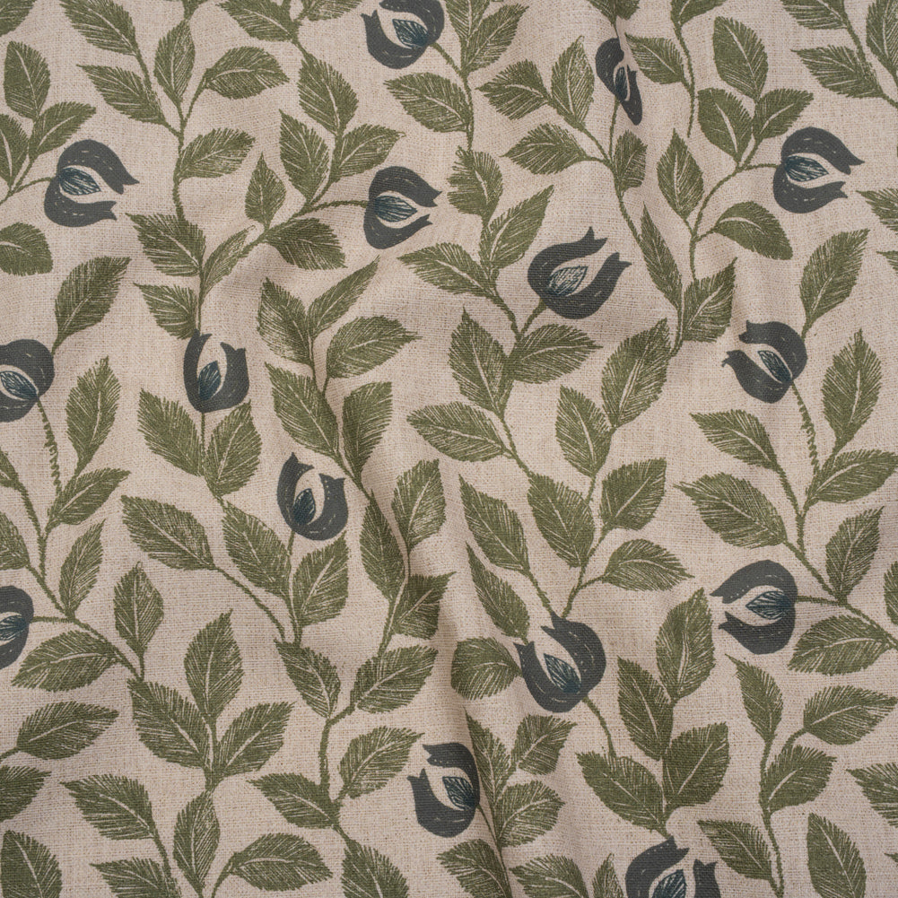 Printed Cotton Canvas - Moss Budding Flowers and Leaves - British Imported Printed Cotton Canvas - Moss Budding Flowers and Leaves - British Imported