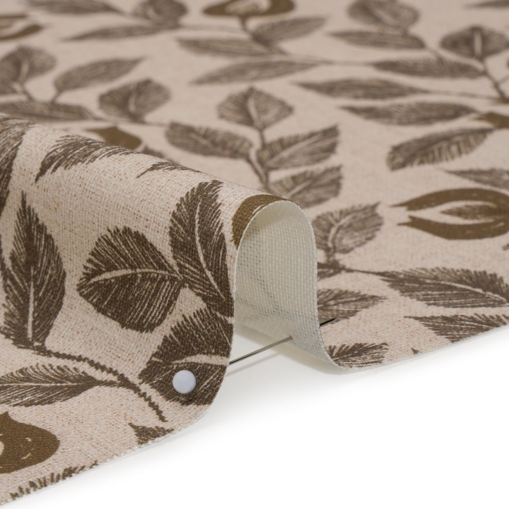 Printed Cotton Canvas - Walnut Budding Flowers and Leaves - British Imported Printed Cotton Canvas - Walnut Budding Flowers and Leaves - British Imported