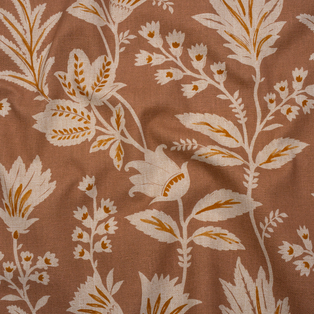 Printed Cotton Canvas - Clay Leafy Sprays and Little Flowers - British Imported Printed Cotton Canvas - Clay Leafy Sprays and Little Flowers - British Imported