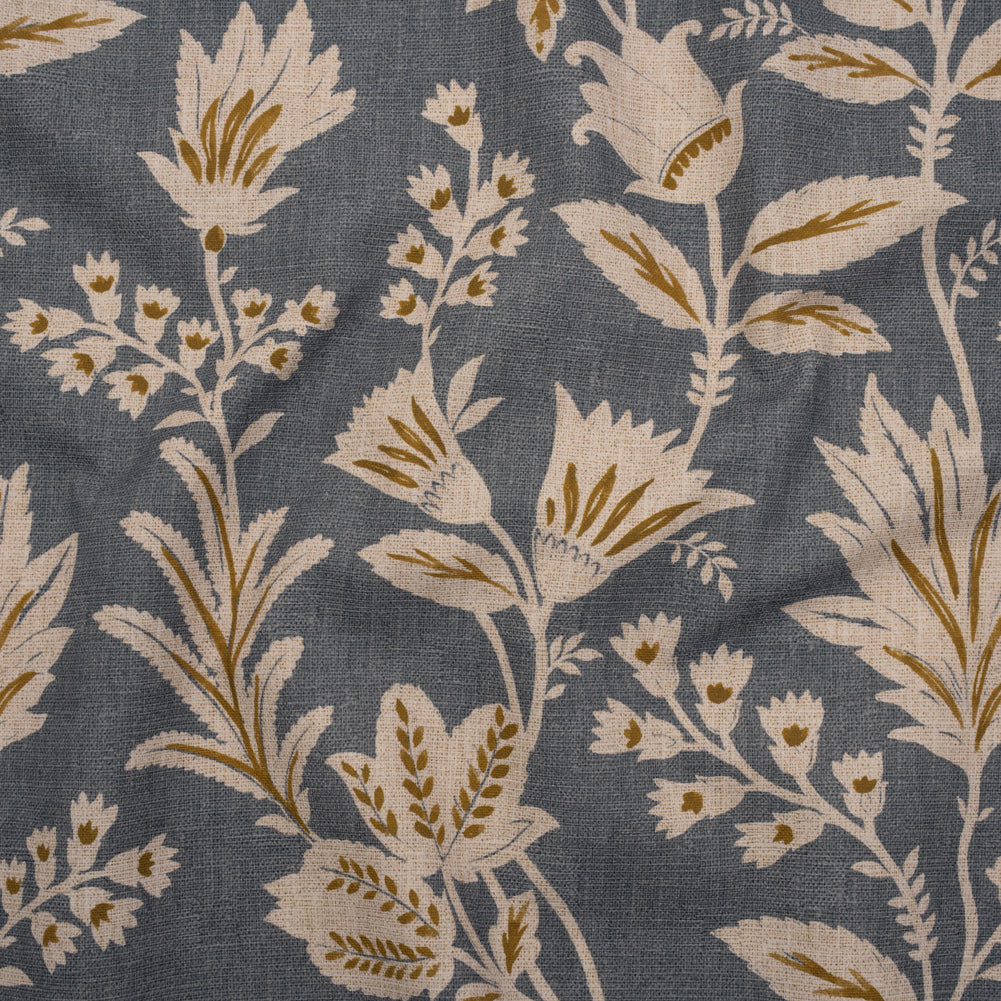Printed Cotton Canvas - Ink Leafy Sprays and Little Flowers - British Imported Printed Cotton Canvas - Ink Leafy Sprays and Little Flowers - British Imported
