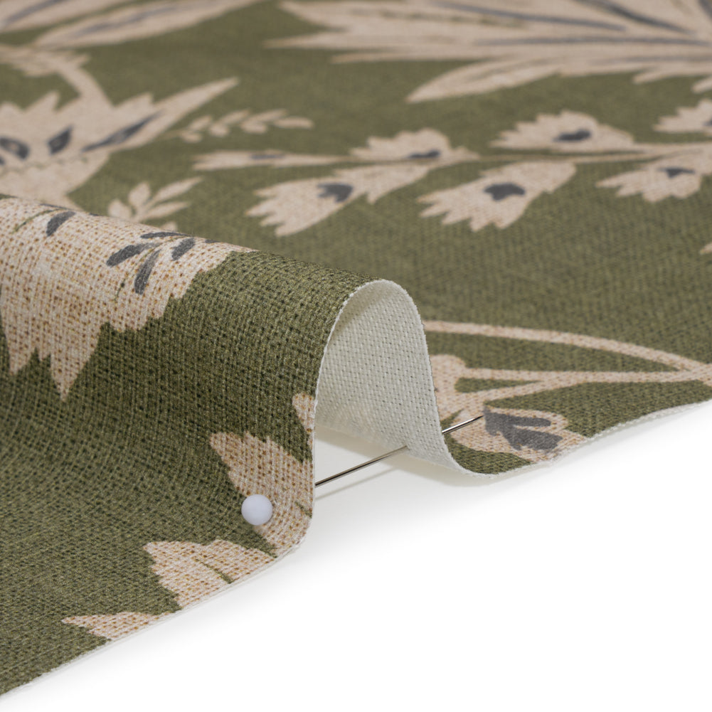 Printed Cotton Canvas - Moss Leafy Sprays and Little Flowers - British Imported Printed Cotton Canvas - Moss Leafy Sprays and Little Flowers - British Imported