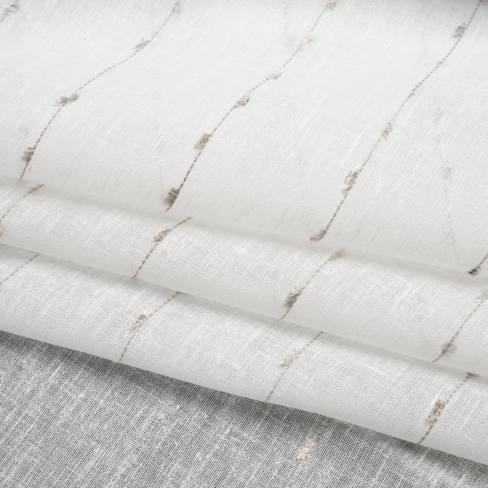 Slubbed Double Wide Drapery Sheers Fabric - Stone Eyelash Fringe Dot Stripes - British Imported - Folded Slubbed Double Wide Drapery Sheers Fabric - Stone Eyelash Fringe Dot Stripes - British Imported - Folded
