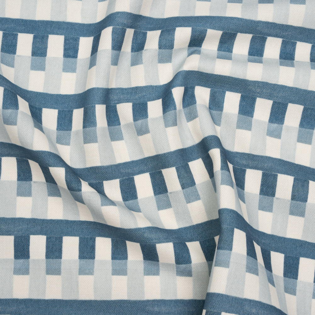 Cotton and Linen Canvas Print - Indigo Geometric Block Stripes - British Imported Cotton and Linen Canvas Print - Indigo Geometric Block Stripes - British Imported
