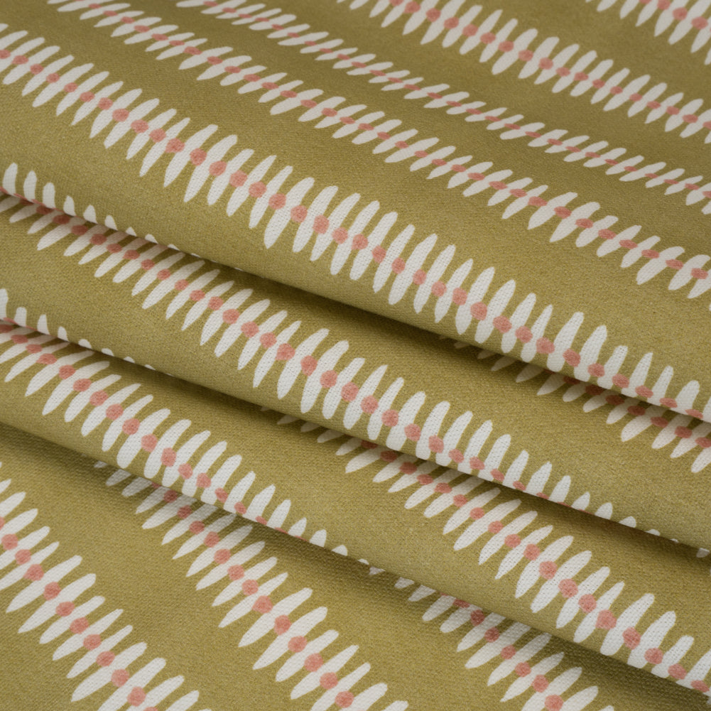 Cotton and Linen Canvas Print - Olive Dash and Dot Stripes - British Imported Cotton and Linen Canvas Print - Olive Dash and Dot Stripes - British Imported