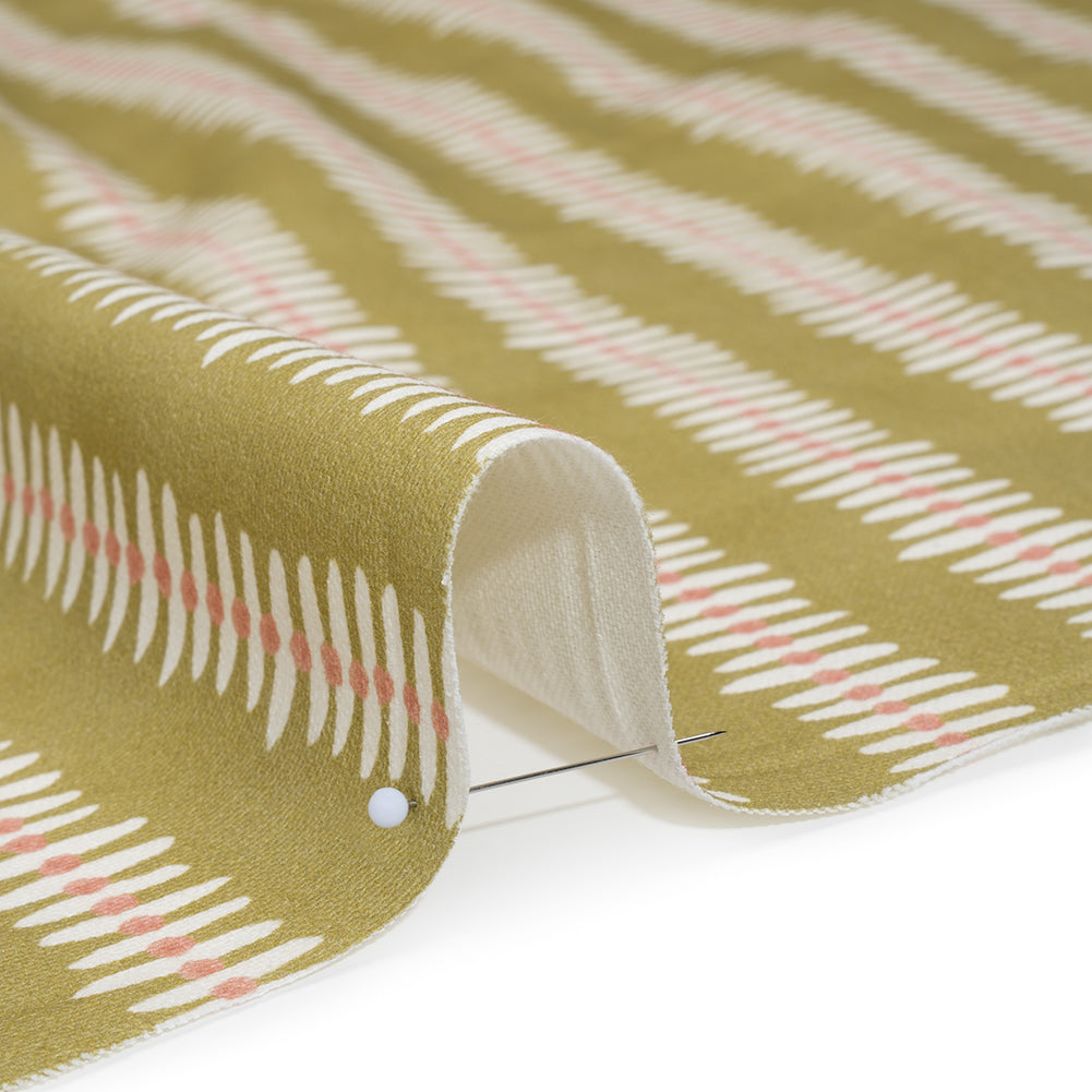 Cotton and Linen Canvas Print - Olive Dash and Dot Stripes - British Imported Cotton and Linen Canvas Print - Olive Dash and Dot Stripes - British Imported