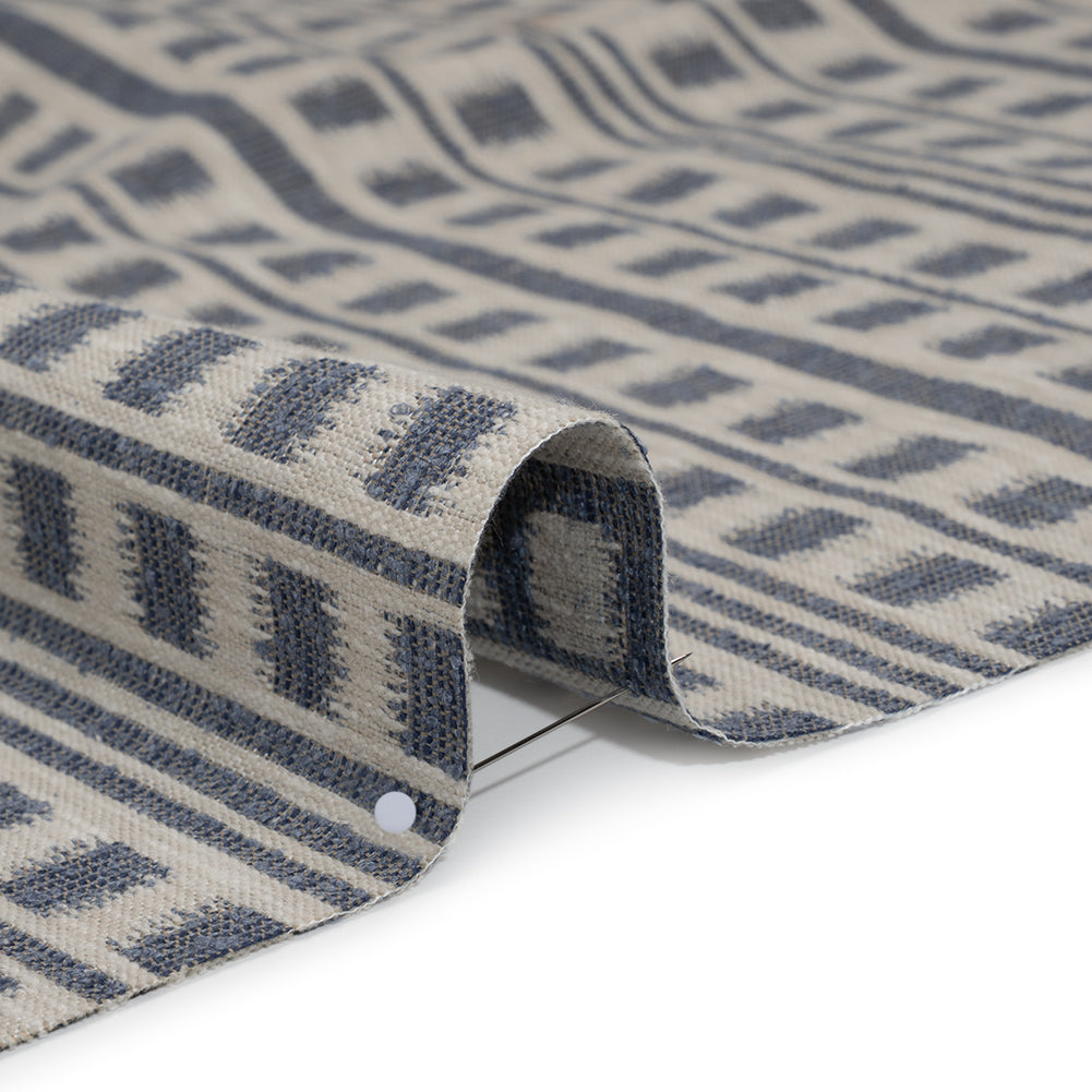 Polyester and Cotton Home Decor Jacquard - Indigo Ikat Squares in Stripes - British Imported - Detail Polyester and Cotton Home Decor Jacquard - Indigo Ikat Squares in Stripes - British Imported - Detail
