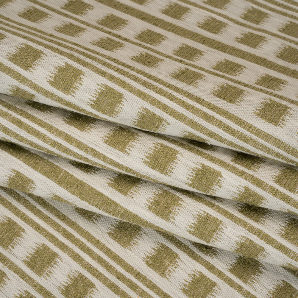 Polyester and Cotton Home Decor Jacquard - Olive Ikat Squares in Stripes - British Imported Folded Polyester and Cotton Home Decor Jacquard - Olive Ikat Squares in Stripes - British Imported Folded