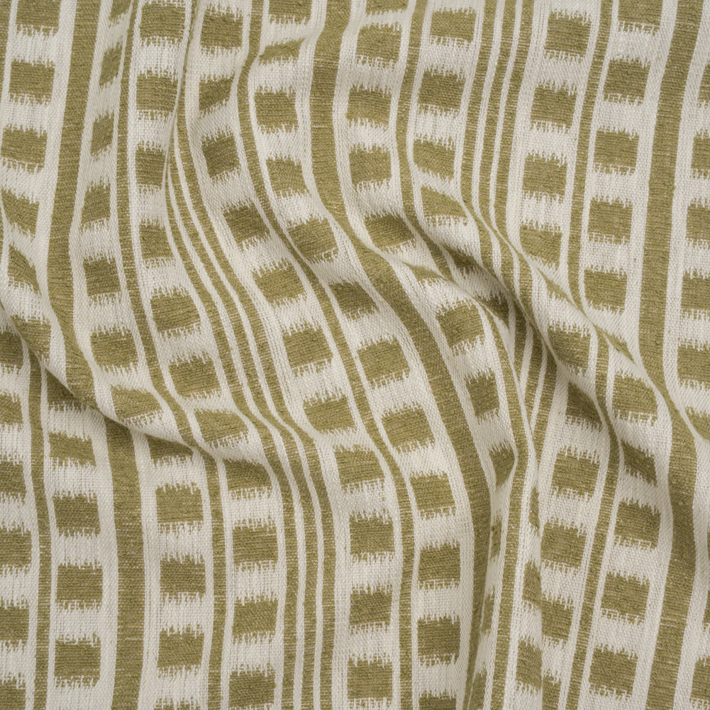Polyester and Cotton Home Decor Jacquard - Olive Ikat Squares in Stripes - British Imported Polyester and Cotton Home Decor Jacquard - Olive Ikat Squares in Stripes - British Imported