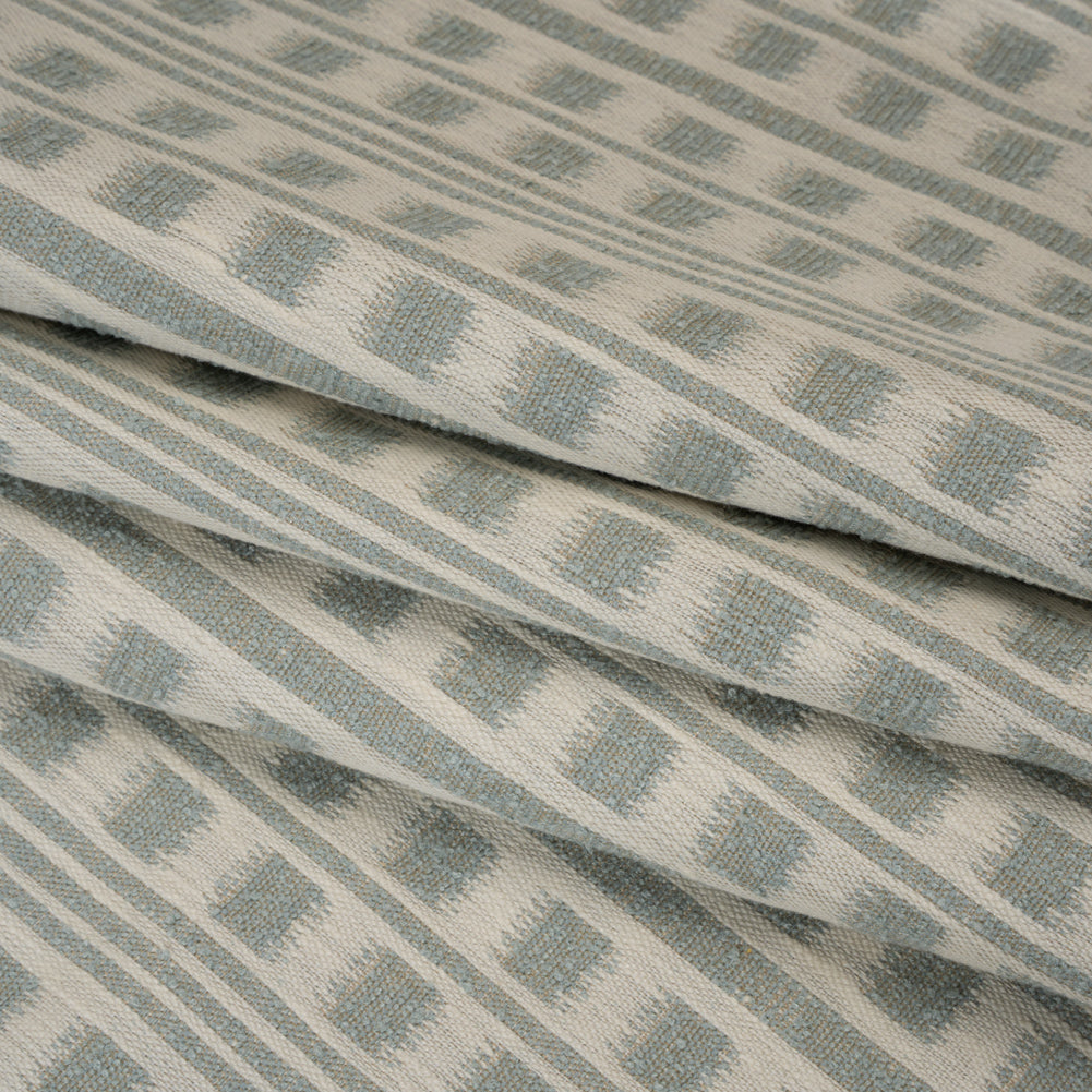 Polyester and Cotton Home Decor Jacquard - Seafoam Ikat Squares in Stripes - British Imported - Folded Polyester and Cotton Home Decor Jacquard - Seafoam Ikat Squares in Stripes - British Imported - Folded