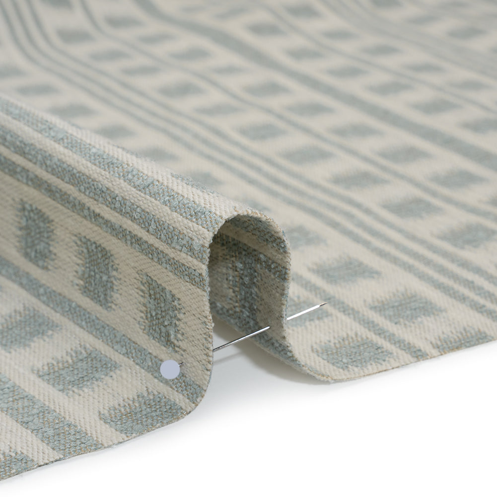 Polyester and Cotton Home Decor Jacquard - Seafoam Ikat Squares in Stripes - British Imported - Detail Polyester and Cotton Home Decor Jacquard - Seafoam Ikat Squares in Stripes - British Imported - Detail