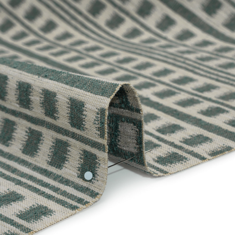 Polyester and Cotton Home Decor Jacquard - Teal Ikat Squares in Stripes - British Imported Detail Polyester and Cotton Home Decor Jacquard - Teal Ikat Squares in Stripes - British Imported Detail