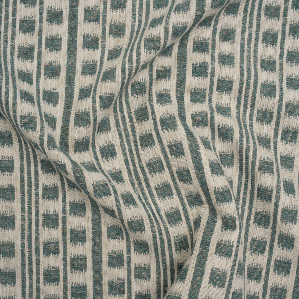 Polyester and Cotton Home Decor Jacquard - Teal Ikat Squares in Stripes - British Imported Polyester and Cotton Home Decor Jacquard - Teal Ikat Squares in Stripes - British Imported