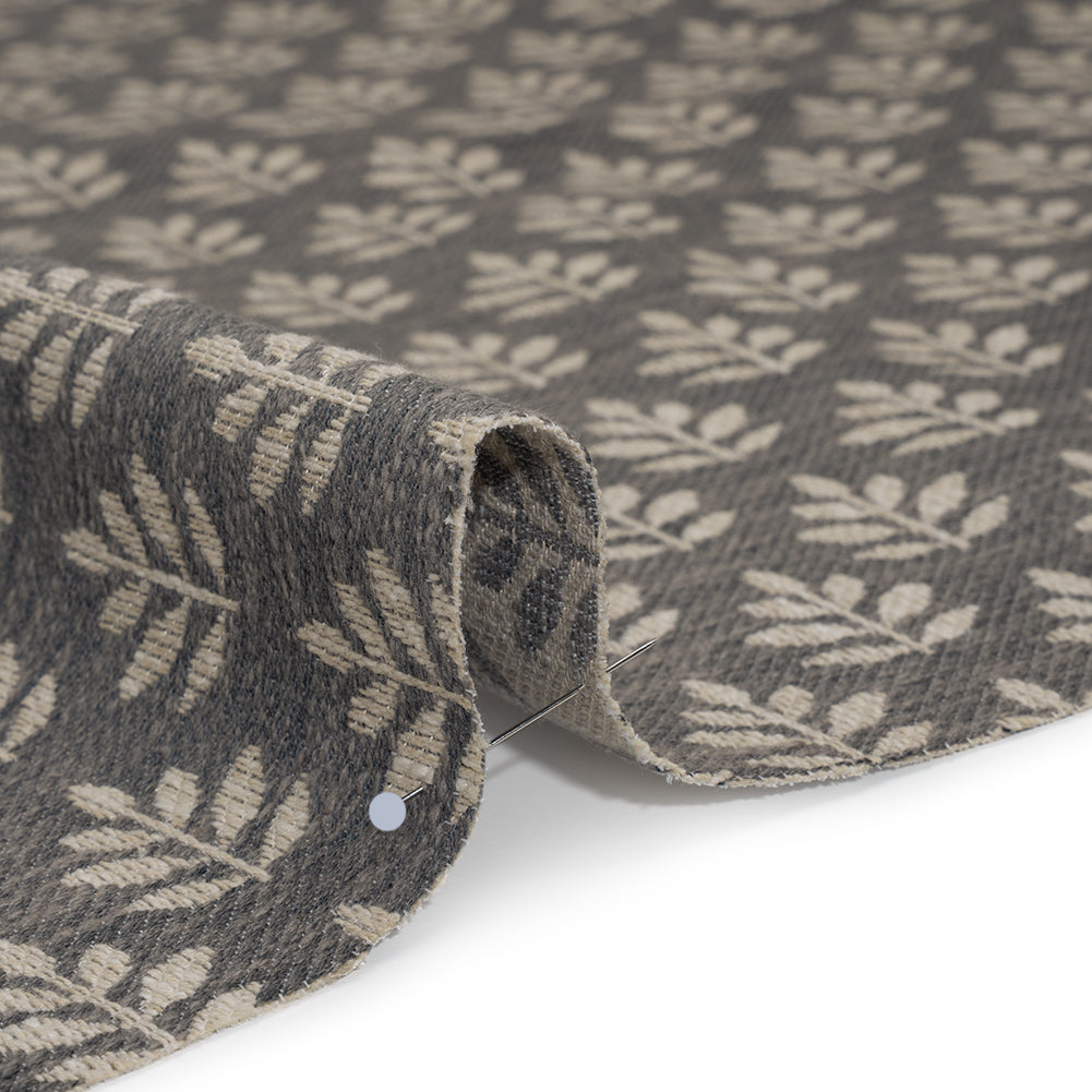 Polyester and Cotton Twill Jacquard - Charcoal Lines of Leaves - British Imported - Detail Polyester and Cotton Twill Jacquard - Charcoal Lines of Leaves - British Imported - Detail