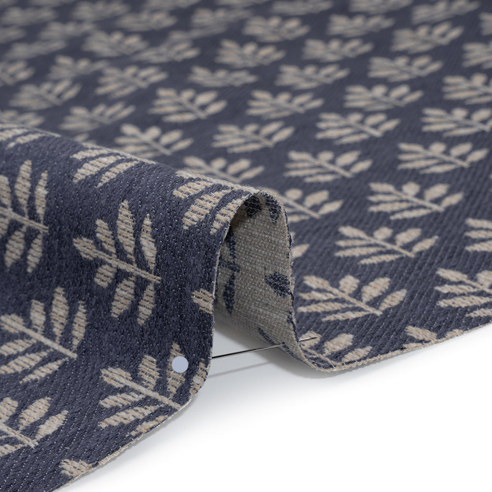 Polyester and Cotton Twill Jacquard - Indigo Lines of Leaves - British Imported Polyester and Cotton Twill Jacquard - Indigo Lines of Leaves - British Imported