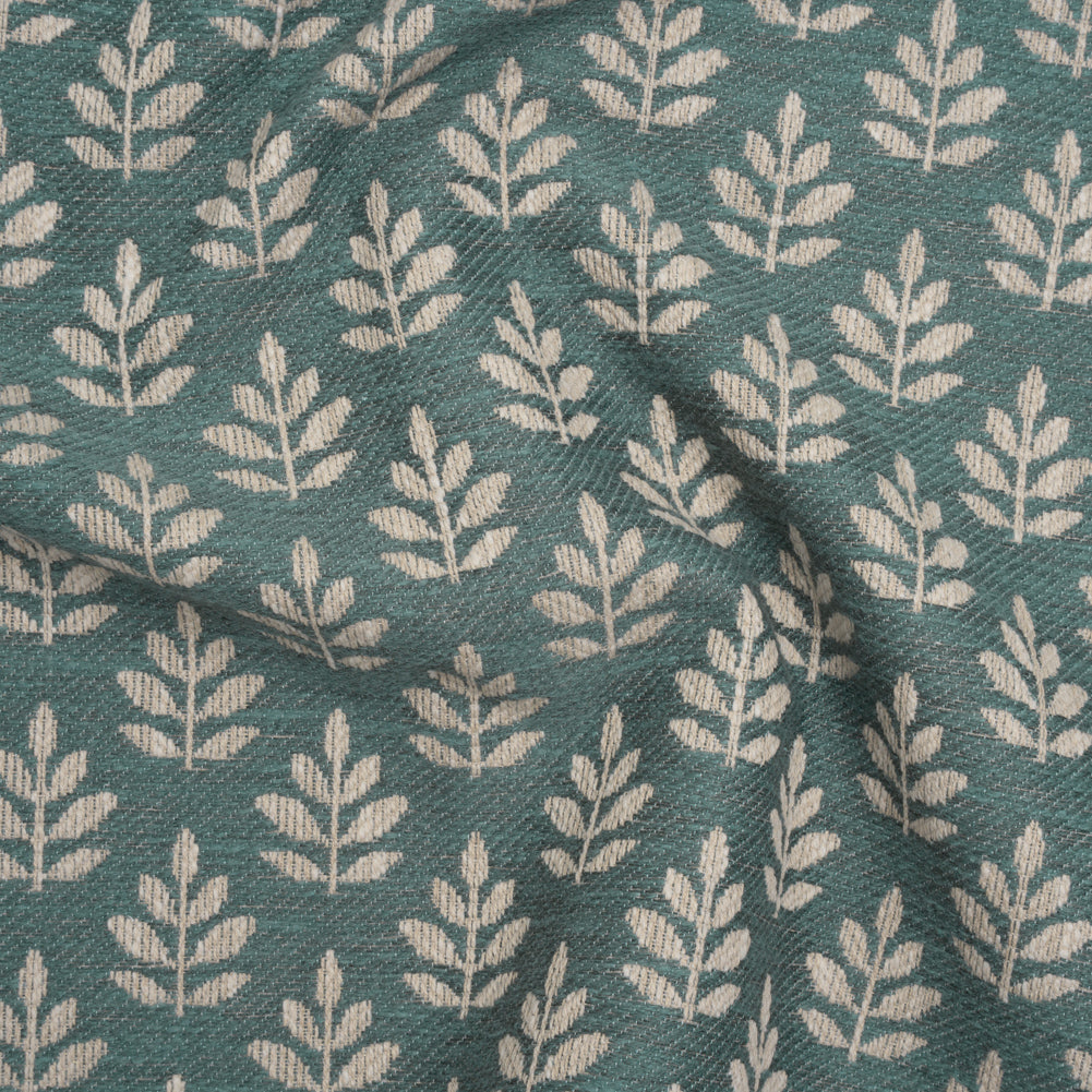 Polyester and Cotton Twill Jacquard - Teal Lines of Leaves - British Imported Polyester and Cotton Twill Jacquard - Teal Lines of Leaves - British Imported