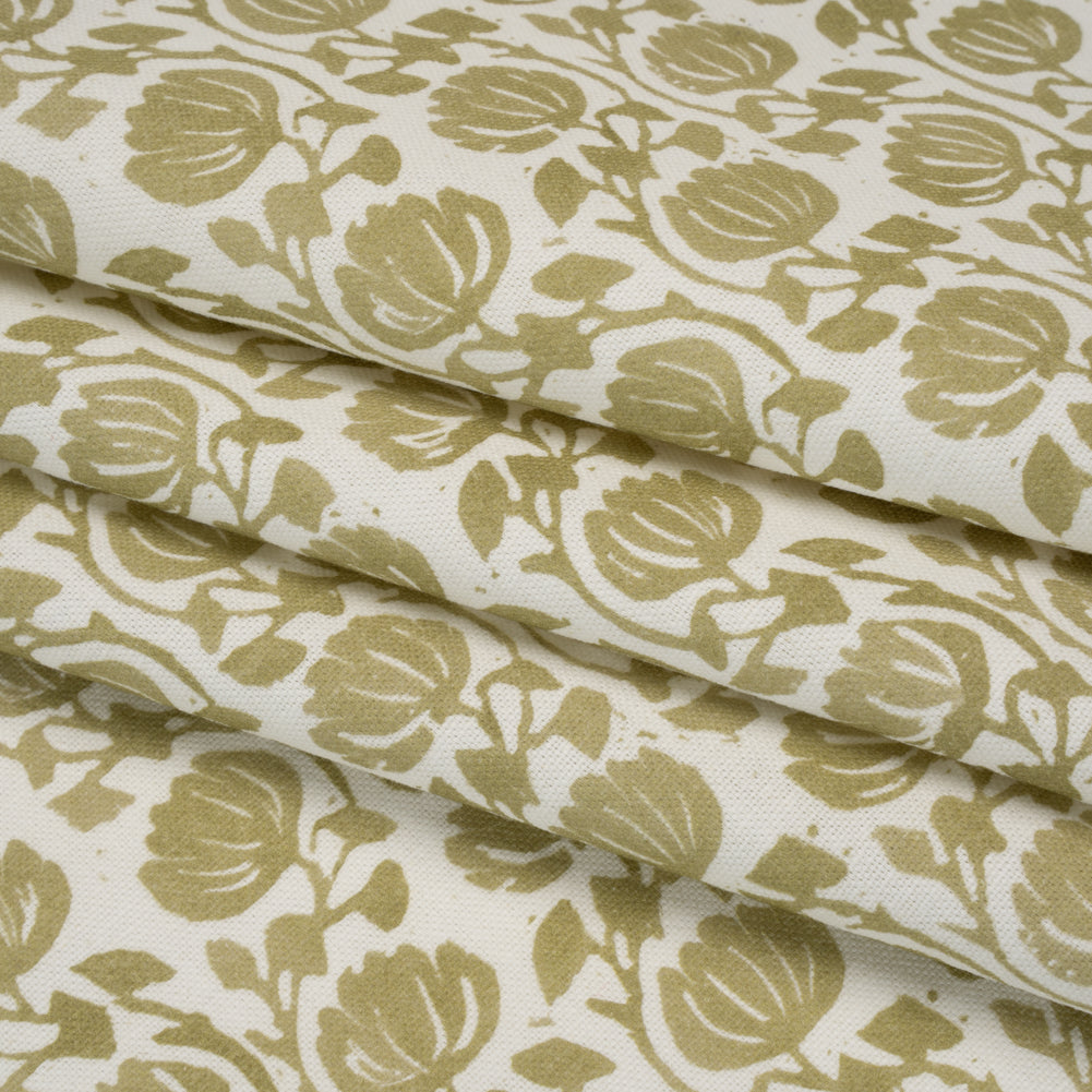 Cotton and Linen Canvas Print - Olive Block Print Florals - British Imported Cotton and Linen Canvas Print - Olive Block Print Florals - British Imported