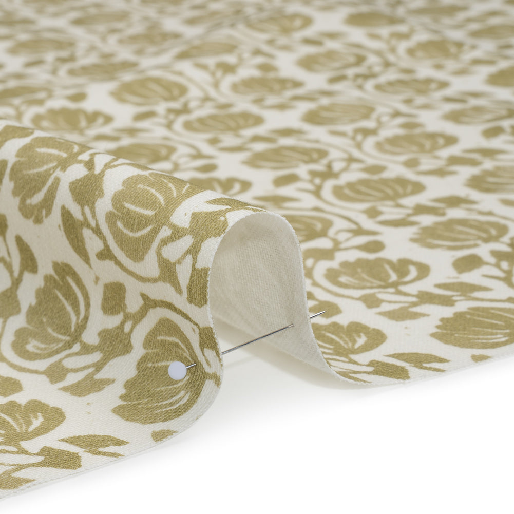 Cotton and Linen Canvas Print - Olive Block Print Florals - British Imported Cotton and Linen Canvas Print - Olive Block Print Florals - British Imported