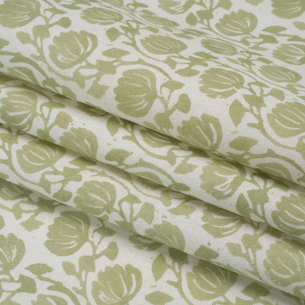 Cotton and Linen Canvas Print - Pistachio Block Print Florals - British Imported Cotton and Linen Canvas Print - Pistachio Block Print Florals - British Imported