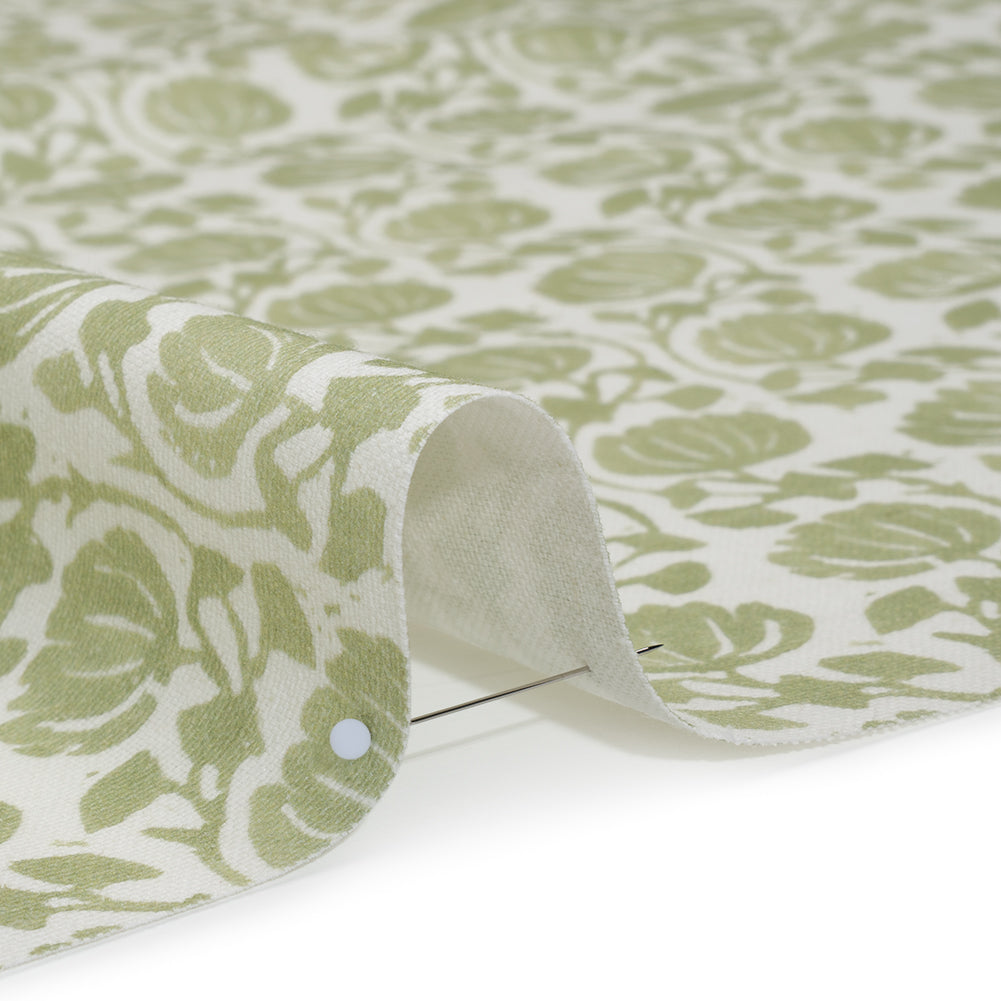 Cotton and Linen Canvas Print - Pistachio Block Print Florals - British Imported Cotton and Linen Canvas Print - Pistachio Block Print Florals - British Imported