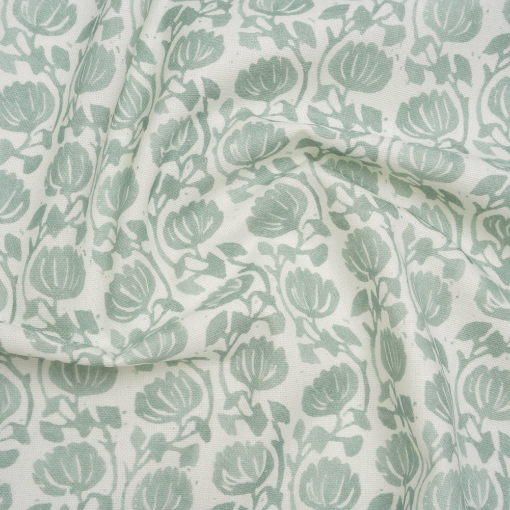 Cotton and Linen Canvas Print - Seafoam Block Print Florals - British Imported Cotton and Linen Canvas Print - Seafoam Block Print Florals - British Imported