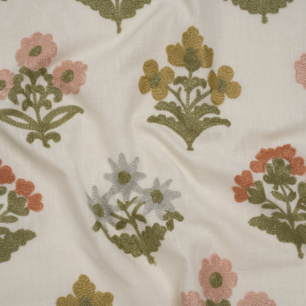 Polyester and Cotton Slubbed Drapery Woven with Viscose Embroidery - Garden Simple Flowers - British Imported Polyester and Cotton Slubbed Drapery Woven with Viscose Embroidery - Garden Simple Flowers - British Imported