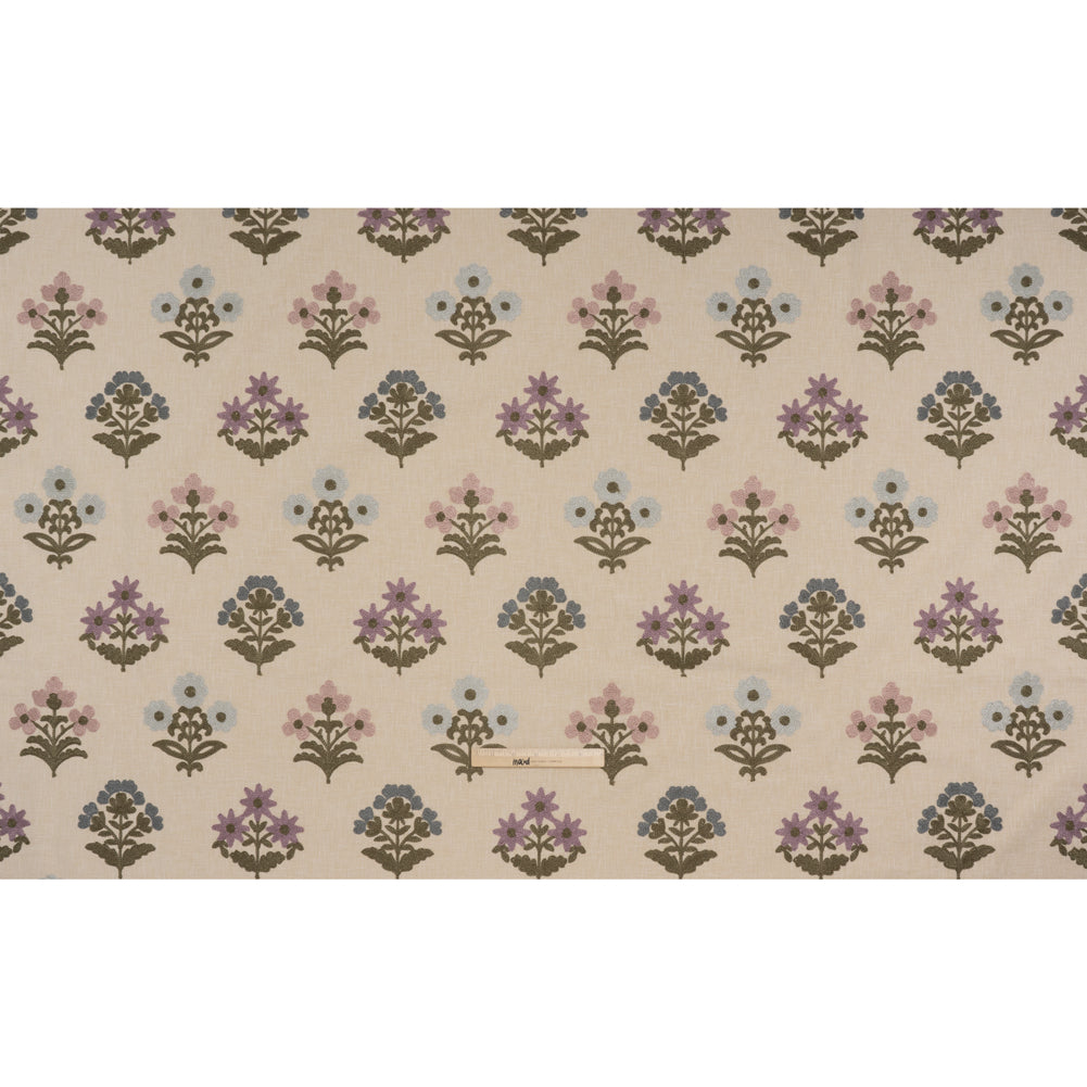 Polyester and Cotton Slubbed Drapery Woven with Viscose Embroidery - Iris Simple Flowers - British Imported Polyester and Cotton Slubbed Drapery Woven with Viscose Embroidery - Iris Simple Flowers - British Imported