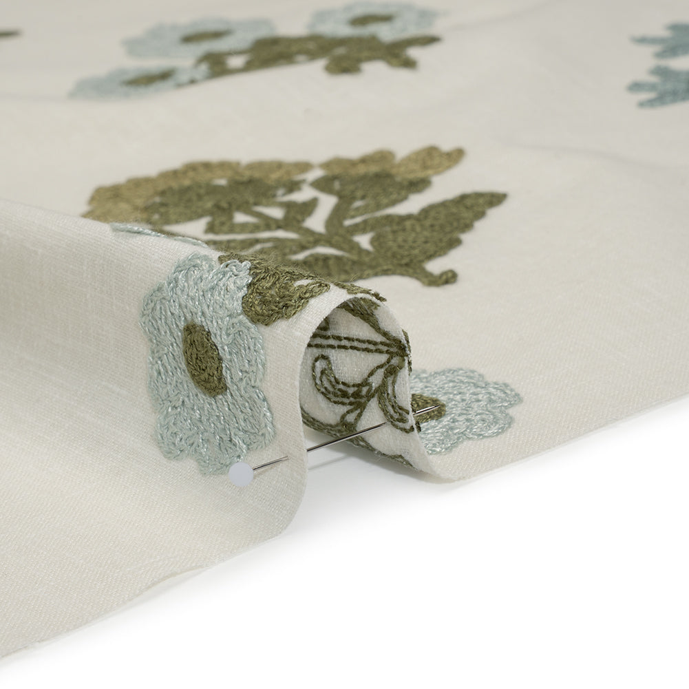 Polyester and Cotton Slubbed Drapery Woven with Viscose Embroidery - Lagoon Simple Flowers - British Imported - Detail Polyester and Cotton Slubbed Drapery Woven with Viscose Embroidery - Lagoon Simple Flowers - British Imported - Detail