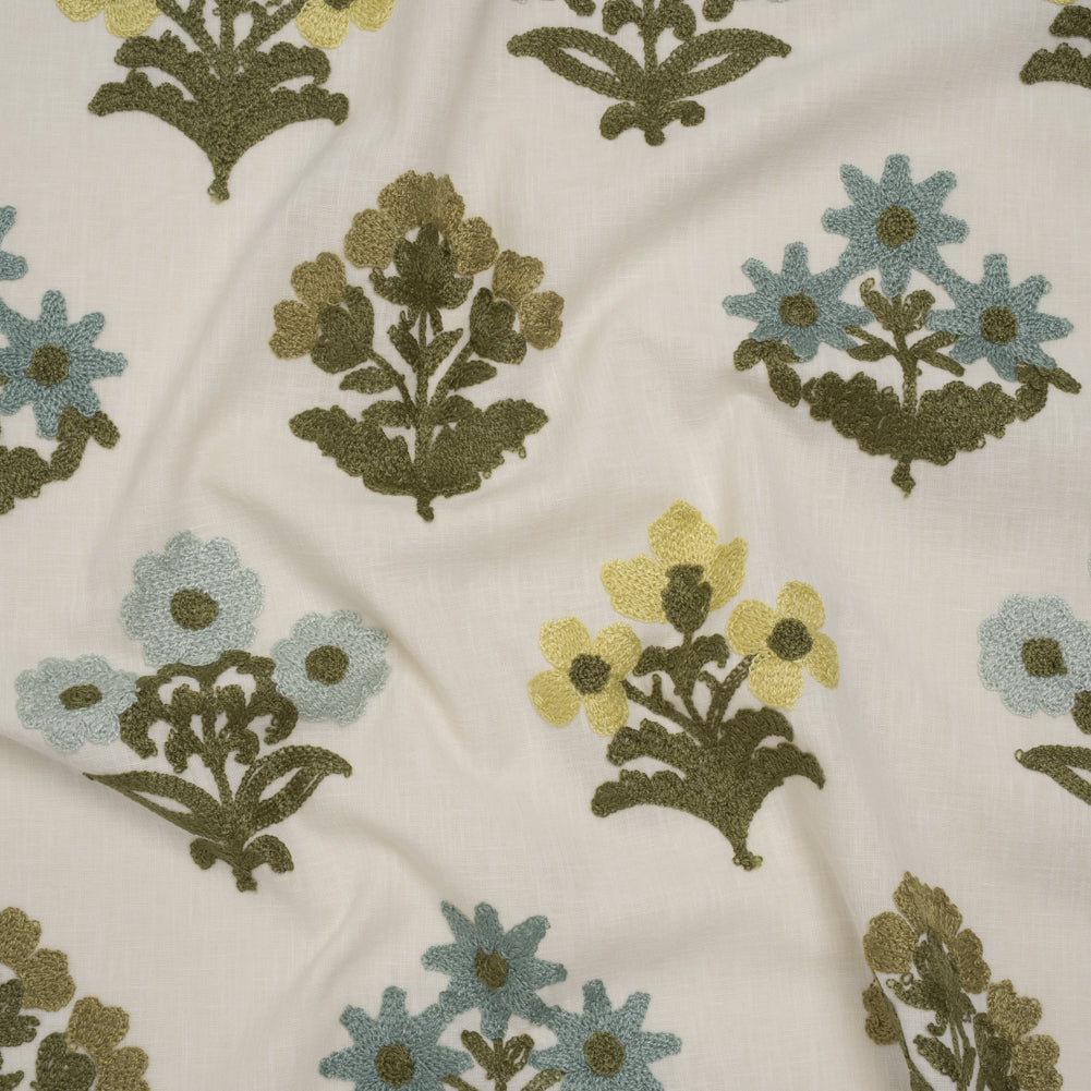 Polyester and Cotton Slubbed Drapery Woven with Viscose Embroidery - Lagoon Simple Flowers - British Imported Polyester and Cotton Slubbed Drapery Woven with Viscose Embroidery - Lagoon Simple Flowers - British Imported