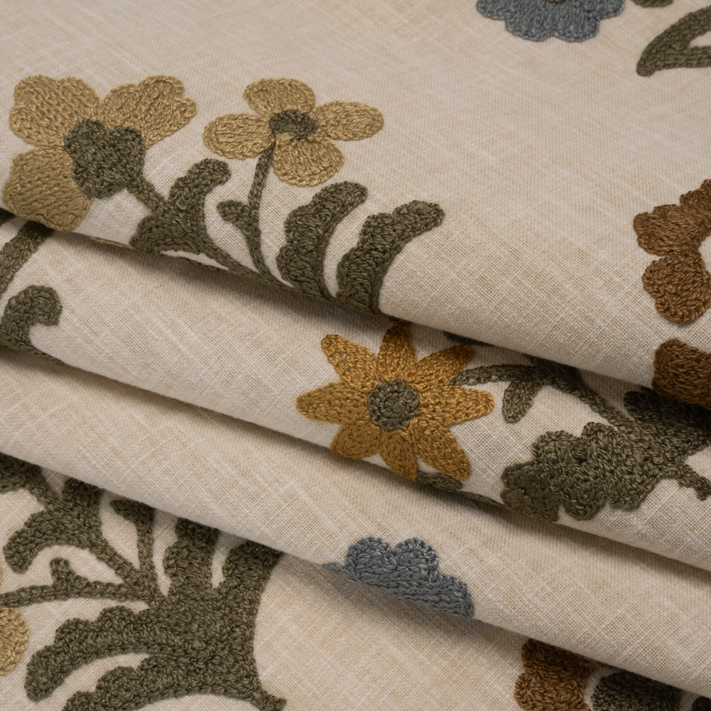 Polyester and Cotton Slubbed Drapery Woven with Viscose Embroidery - Maize Simple Flowers - British Imported Polyester and Cotton Slubbed Drapery Woven with Viscose Embroidery - Maize Simple Flowers - British Imported
