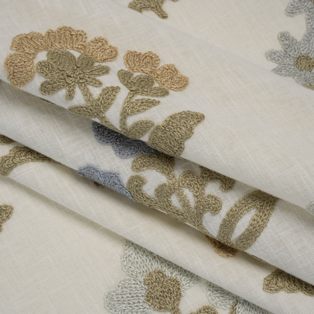 Polyester and Cotton Slubbed Drapery Woven with Viscose Embroidery - Seaspray Simple Flowers - British Imported Polyester and Cotton Slubbed Drapery Woven with Viscose Embroidery - Seaspray Simple Flowers - British Imported