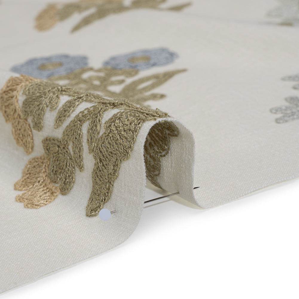 Polyester and Cotton Slubbed Drapery Woven with Viscose Embroidery - Seaspray Simple Flowers - British Imported Polyester and Cotton Slubbed Drapery Woven with Viscose Embroidery - Seaspray Simple Flowers - British Imported