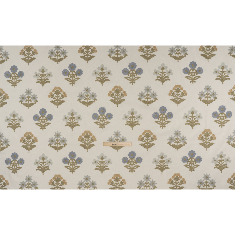 Polyester and Cotton Slubbed Drapery Woven with Viscose Embroidery - Seaspray Simple Flowers - British Imported Polyester and Cotton Slubbed Drapery Woven with Viscose Embroidery - Seaspray Simple Flowers - British Imported