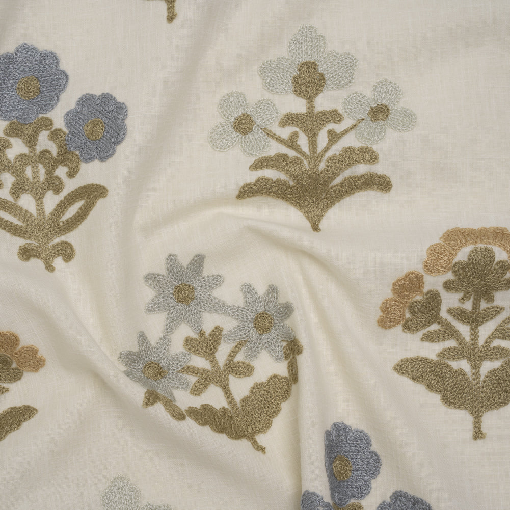 Polyester and Cotton Slubbed Drapery Woven with Viscose Embroidery - Seaspray Simple Flowers - British Imported Polyester and Cotton Slubbed Drapery Woven with Viscose Embroidery - Seaspray Simple Flowers - British Imported