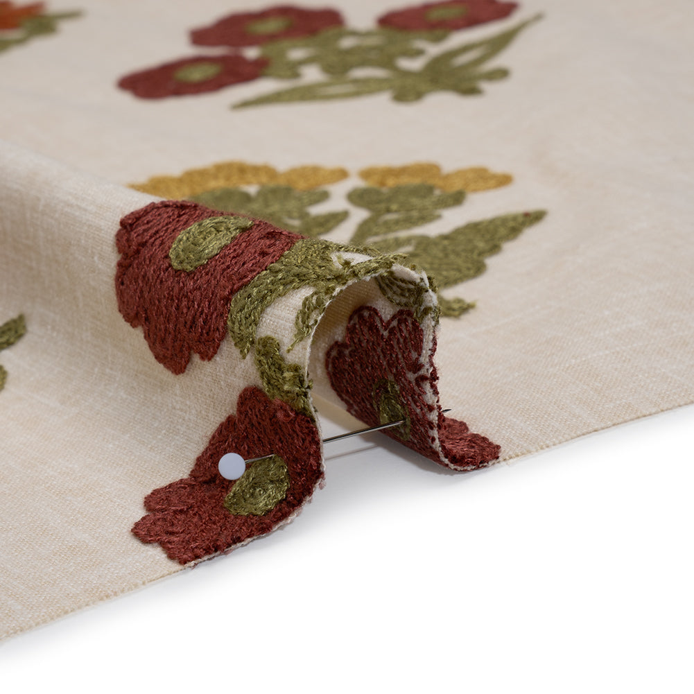 Polyester and Cotton Slubbed Drapery Woven with Viscose Embroidery - Terracotta Simple Flowers - British Imported Polyester and Cotton Slubbed Drapery Woven with Viscose Embroidery - Terracotta Simple Flowers - British Imported