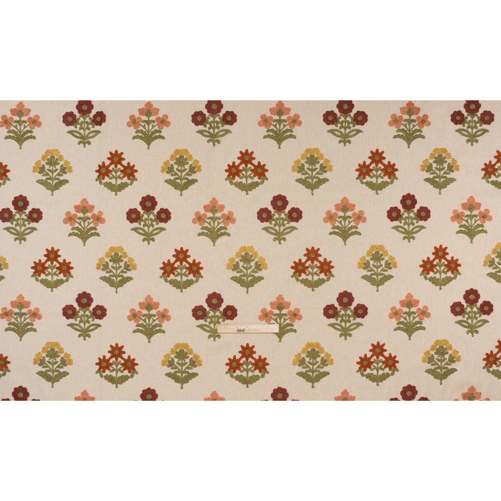 Polyester and Cotton Slubbed Drapery Woven with Viscose Embroidery - Terracotta Simple Flowers - British Imported Polyester and Cotton Slubbed Drapery Woven with Viscose Embroidery - Terracotta Simple Flowers - British Imported